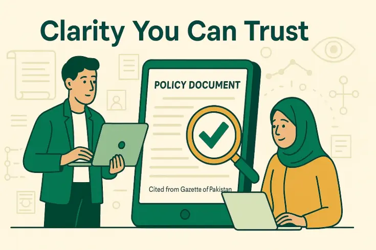 Policy Transparency Policy Transparency Accountability begins with reliable information.  What This Means Policy transparency means that citizens have the right to see how and why decisions are made — not just the final outcome. In Pakistan, policies and laws are often circulated without clear references or explanations, creating confusion and mistrust. PakPedia brings clarity by connecting every policy summary to its verified source — from government gazettes to parliamentary records. When people can trace a claim back to an official document, accountability becomes possible. Policy transparency transforms governance from something opaque into something open, verifiable, and trustworthy — ensuring that truth, not opinion, defines public understanding. Policy and law discussions in Pakistan often rely on partial information or political spin. Without citation-based sources, citizens struggle to verify claims. PakPedia brings clarity by linking every article to official acts, gazettes, and institutional references, ensuring that interpretation never replaces evidence. Key Points: •	Current Issues: o	Social media misinformation and misquoted laws dominate discourse. o	Government websites lack consistent data updates. •	How PakPedia Solves It: o	Every entry includes citations from official or government-verified sources. o	Updates are version-tracked for full transparency. •	Example & Impact: o	Example: During a national debate on digital privacy, journalists cited PakPedia’s breakdown of the PECA Act to fact-check viral misinformation. o	Impact: Informed journalism and fact-based debate foster national accountability.